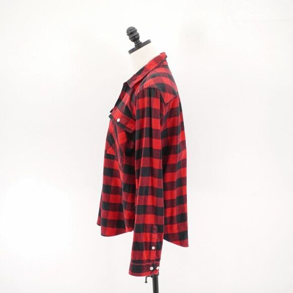 J. Crew Flannel Red Black Plaid Collared Shirt Jacket Large Zip + Pockets Cotton - Picture 5 of 9